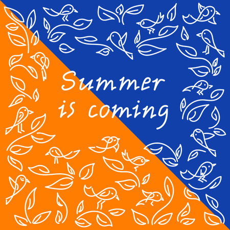 Summer is coming. Birds and twigs with leaves, contour. Hand drawn illustration. Doodle background...
