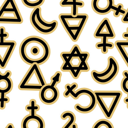 Seamless pattern with magical esoteric, runic symbols . Sacred geometry. Occult ancient symbols. Vector background.のイラスト素材