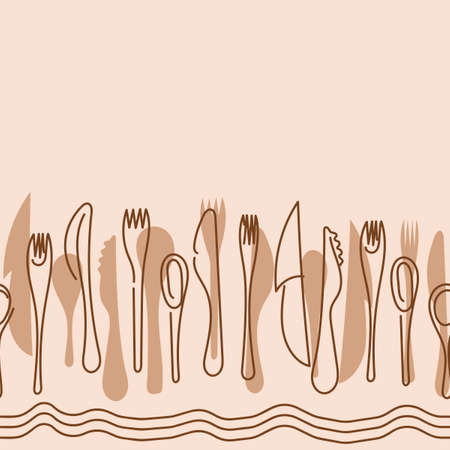 Cooking Seamless border. Contour Cutlery Background. Kitchen utensils. One Line Drawing. Vector illustration.のイラスト素材