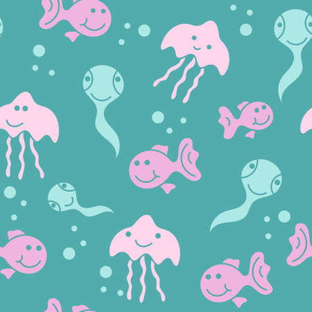 Cute fish and jellyfish and. Kids background. Seamless pattern.のイラスト素材