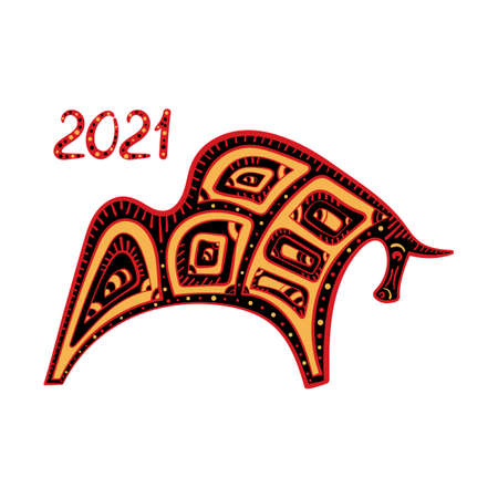 2021. Bull in the style of doodles. The Chinese new year. Totem animal, astrological, and mythical symbol . hand drawn vector illustrationのイラスト素材