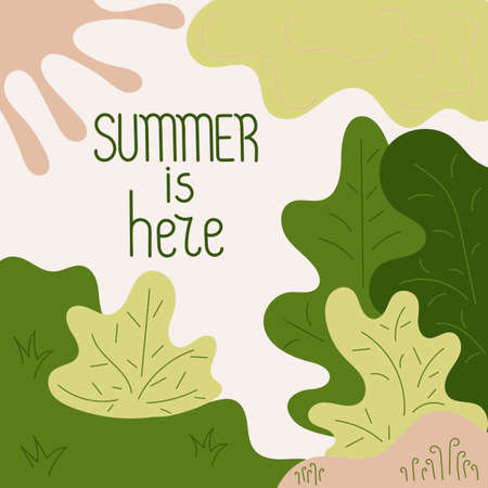 Summer is here. Lawn, edge of the forest. Children's drawing, hand-drawn. Pastel color. Place for your text, vector illustration.のイラスト素材