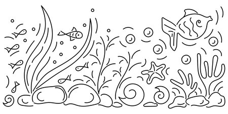 Copy the space for the text. Under water. Marine vector motif . Doodle of the underwater world, sea, ocean, river . Monochrome. Aquariums.のイラスト素材