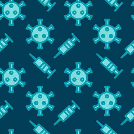 Seamless pattern with coronavirus and medical injection syringe. Vaccination concept, illustration of influenza virus cells, dangerous virus, risk of infection. Vector backgroundのイラスト素材