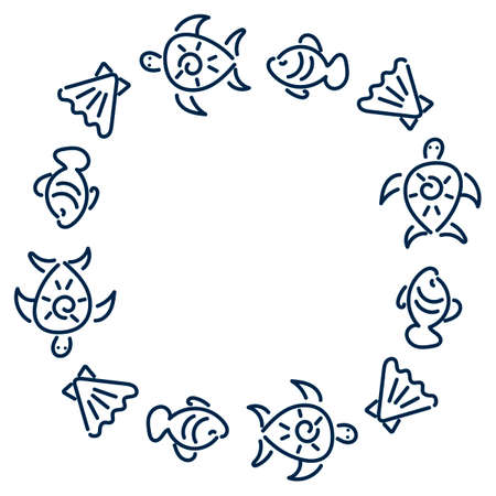 Round frame with space for text. Hand-drawn Fish, sea turtles and shells. Outline on a white background.Design of a template, badge, postcard, for world ocean day with isolated ocean animals.のイラスト素材