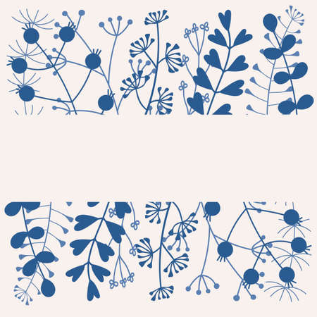 Seamless border with hand drawn branches of plants . Pattern Botanical design on white. Space for text. Vector illustration. Monochrome.のイラスト素材