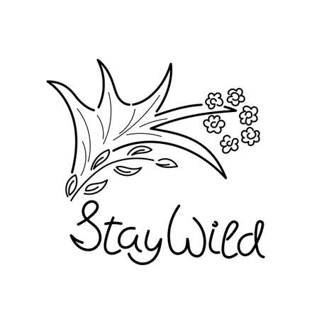 The words Stay Wild, moose antlers, a wreath of flowers. Hand drawn Outline. Vector illustration,のイラスト素材