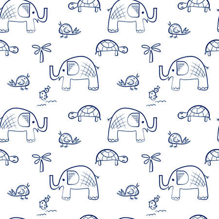 seamless pattern with childrens animal drawings. Doodle Elephant, bird, turtle and palm tree on a white background.のイラスト素材