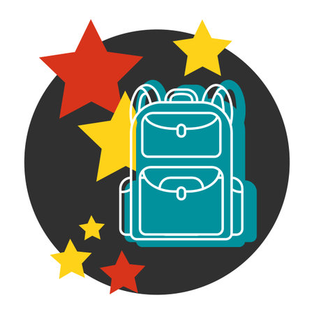 Blue backpack icon is isolated on a dark background. Red and yellow stars. School backpack or...