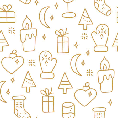 Winter. Hand drawn seamless pattern New year or Christmas. Doodle elements on a white background. A candle, mittens, a glass of champagne and moreのイラスト素材