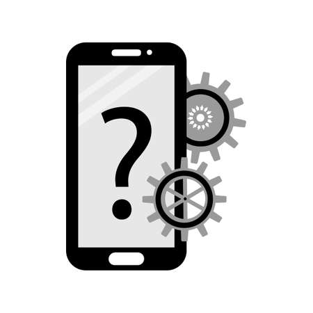 Customer support, call center, management . Mobile phone, question mark, gears. Color vector illustration.のイラスト素材