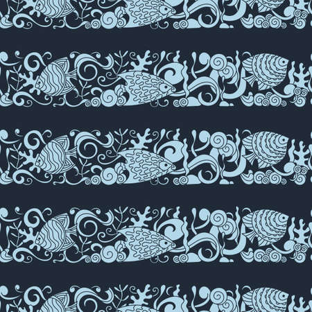 Sea life hand drawn Doodle seamless pattern. Marine vector motif. Underwater world, waves, shells, fish and algae. Background with horizontal stripes for fabric, Wallpaper, and other surfacesのイラスト素材