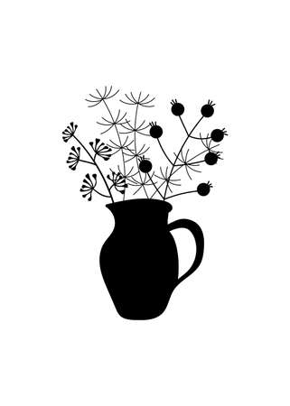 A bunch of herbs and twigs with berries in a vase. Silhouettes of simple twigs, plants, herbarium. Ceramic pitcher, vase. Vector hand drawing in black and white. Composition for your designのイラスト素材