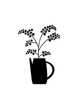 A bunch of herbs and twigs with berries in a vase. Silhouettes of simple twigs, plants. Ceramic pitcher, vase. Vector hand drawing in black and white. Composition for your designのイラスト素材
