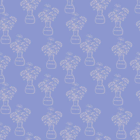 Meadow plants in a vase.Seamless pattern. Branches and jug, hand drawn outline illustrationのイラスト素材