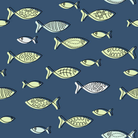 Fish silhouettes with decorated ornaments. Seamless pattern on a blue background.のイラスト素材