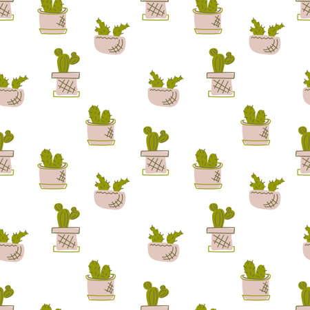 Seamless pattern of a cactus. Painted succulents in a ceramic pot. Background for fabric, paper, and other surfaces.のイラスト素材