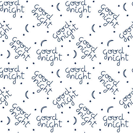 Seamless pattern. hand drawn inscription Good night, moon and stars. Blue and white vector background.のイラスト素材