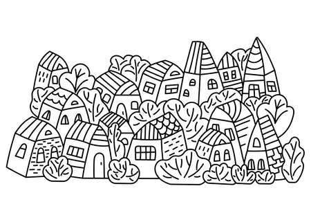 Cute cartoon houses. Hand drawn coloring Book for children and adults. Black and white vector illustration,のイラスト素材