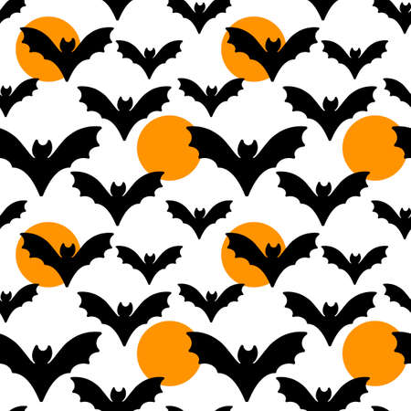 Bat Seamless Pattern. Cute cartoon black bats and moon on the white. Halloween, vector,のイラスト素材