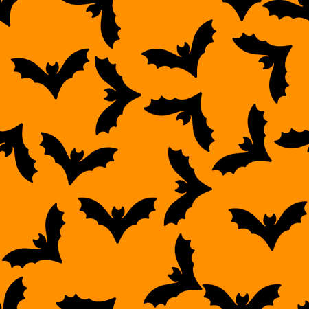 Bat Seamless Pattern. Cute cartoon black bats on the orange Halloween.のイラスト素材