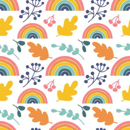 Seamless pattern with Colorful stylish autumn rainbows, oak leaves and berries.のイラスト素材