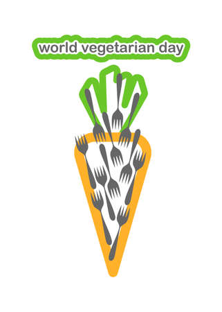 Vegetarian food. Vegan product label. World vegetarian day. Carrots and forks, a healthy food concept. Vector illustration.のイラスト素材