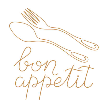 Bon appetit, a handwritten phrase. Vector illustration, calligraphy. Fork and spoon contours. Hand drawn single line vector illustration on white background. The topic of food.のイラスト素材