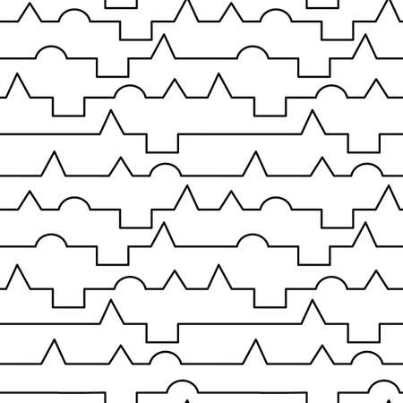 Seamless pattern with rows of geometric buildings. One continuous line. Modern architecture, landscape of the metropolis. White and black colors.のイラスト素材