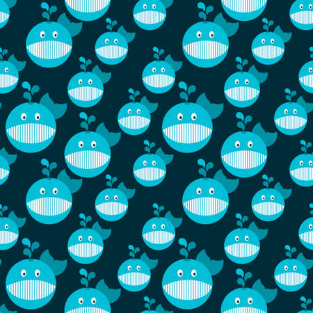 Vector seamless pattern whale on blue background. Cute fish ornament for kids. Animal digital paper for kids. Vector Childish texture for fabric, textile, apparel.のイラスト素材