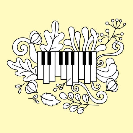 Music festival poster, doodle vector concept. Layout with piano keys, leaves and twigs of plants, fruits of physalis. Nature and music. Black and white illustration,のイラスト素材