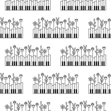 Music festival seamless pattern, vector concept. Layout with piano keys and plants. Nature and music. Black and white horizontal illustration.のイラスト素材