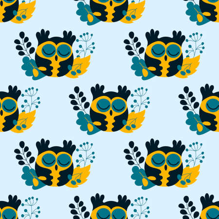 Seamless pattern with Cute autumn owl. Cartoon bird, leaves and berries. Vector illustration in flat style.のイラスト素材