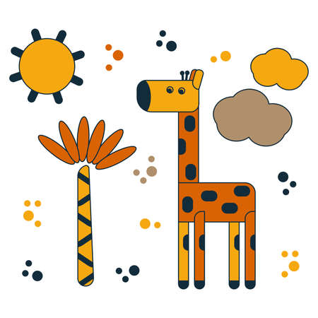 Cartoon giraffe, Palm trees, clouds and sun. Flat cute vector illustration of animals for kids.のイラスト素材