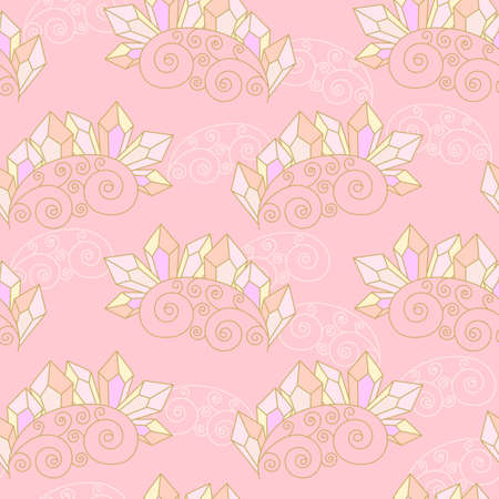 Seamless pattern with crystals or precious stones and a stylized twig on pink. Quartz, minerals, and diamonds. Hand-drawn Doodle illustration for fabric. paper.のイラスト素材