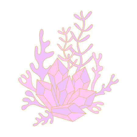 Crystals and algae plants. Underwater world sea ocean river . Hand-drawn Doodle composition , Vectorのイラスト素材