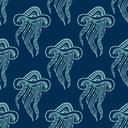 Seamless pattern with Hand-drawn vector jellyfish with ornament. White on blue. Background for...