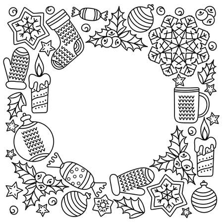 Cute Doodle hand drawn Winter frame. Coloring book for children.Monochrome vector illustration. Sketch with a winter holiday-themed items. Christmas or new year's composition. Copy space for textのイラスト素材