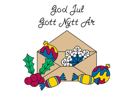 Merry Christmas and happy New year in Swedish, calligraphy, handwritten text. Hand-drawn New years vector composition.のイラスト素材