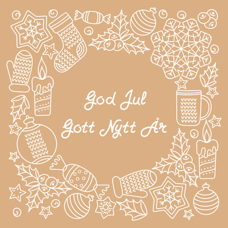 Winter holiday sketches hand-drawn doodles New Year, Christmas . The inscription in the Swedish language, calligraphy, handwriting. Space for text.のイラスト素材