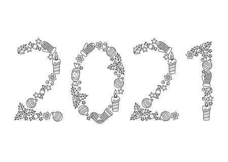 Cute doodle 2021 numbers. Black and white Hand drawn vector illustration. Design for seasonal holidays, Christmas and happy new yearのイラスト素材