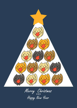 Christmas tree with cute kittens. Vector greeting card, poster, flyer for pet stores, veterinary clinics,のイラスト素材