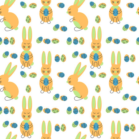 Cute rabbit, bunny and Easter eggs seamless pattern. Easter background. Vector illustration For fabric, Wallpaper, fill patterns, surface textures.のイラスト素材