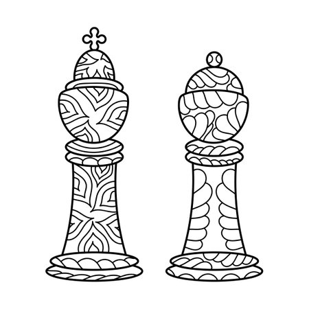 Chess coloring book. Hand drawn Vector Line illustration. Adult antistress coloring page isolated on white background.のイラスト素材