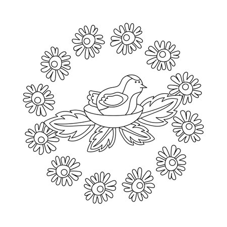 Children's coloring book. Cute bird in the nest, flowers. Spring or summer vector illustration. Greeting card template for Easter, Birthday, Mother's Dayのイラスト素材