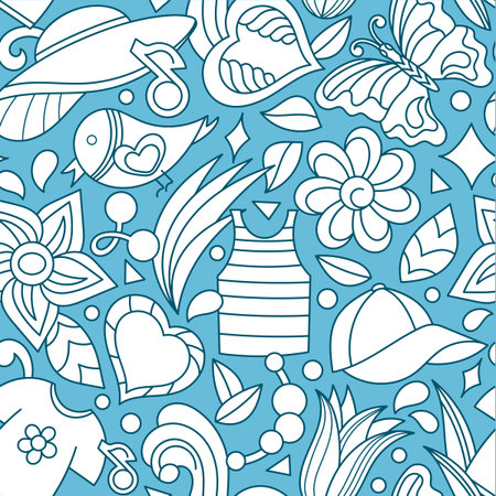 Spring or summer hand-drawn doodle seamless background . Flowers, butterflies, heart, summer...
