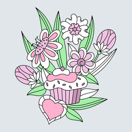 A bouquet of flowers, a cupcake and a heart. Happy Birthday greeting. Hand drawn vector illustrationのイラスト素材