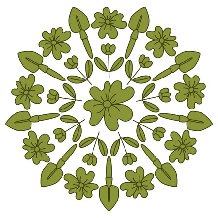 Gardening tools and flowers, mandala. Vector background. The concept of working in the garden.のイラスト素材