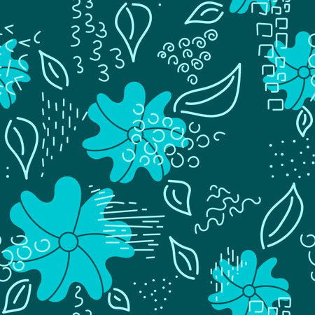Seamless pattern. Blue flowers and abstract doodle shapes on a dark background. Vector background for fabric.のイラスト素材