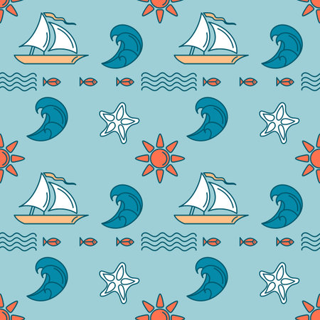Seamless pattern with Boats. Sailing yachts, sea waves, sun and fish. Horizontal stripes. Marine summer vector concept design.のイラスト素材